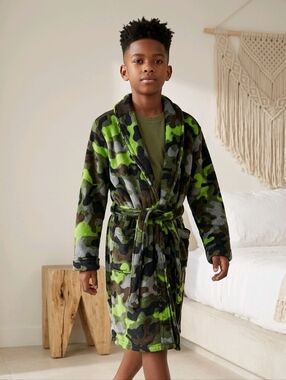 Camo Bathrobe Boys L 10/12 Faux Fur Fleece Sleepwear Robe Plush Camoflauge